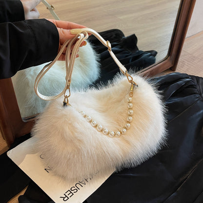 Autumn And Winter Fashion Shoulder Bags Pearl Chain Crossbody Bag Versatile Commuting Armpit Plush Female Bag