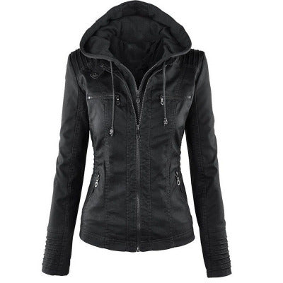 Fashion Detachable Hooded Jacket With Pockets Casual Solid Color Zipper Long Sleeve Leather Coat Autumn Winter Women's Clothing