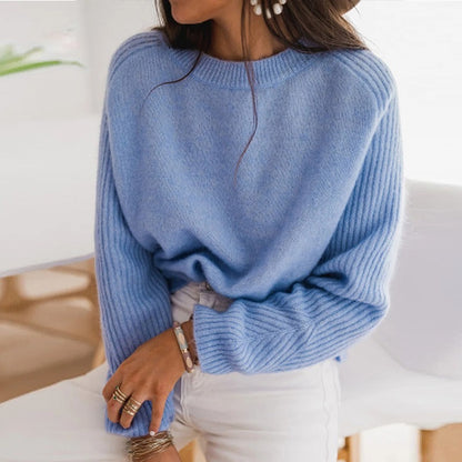 European Milk Blue Bedford Cord Sweater Women's Round-collar Long-sleeve Knitwear Casual Women's Clothing Fashion Knit Top Outerwear