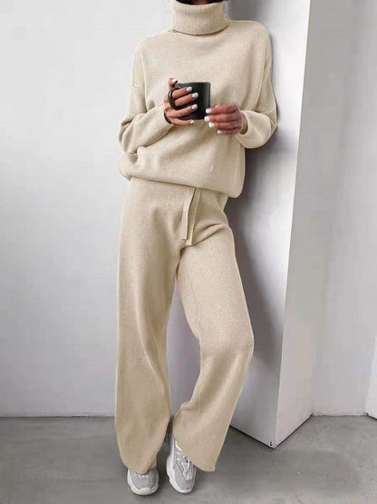 Casual Fashion Suits For Women Turtleneck Sweater And Drawstring Straight Pants